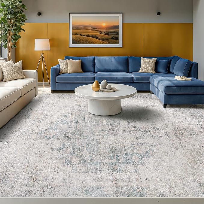 Modern Farmhouse Area Rug for Living Room - 10x14 Blue Gray Big Rug for Dining Room Table, Lightweight Foldable Low Pile Washable
