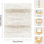 8x10 Machine Washable Area Rug for Living Room, Brown White Vintage Moroccan Rug Large Non-Slip Low Pile Soft Faux Wool Carpet, Kids and Pets Friendly for Bedroom Dining Room Farmhouse Home Decor Rug