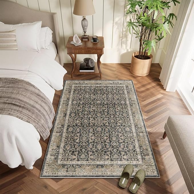 Washable 2x3 Entryway Rug, Boho Non-Slip Door Mat Vintage Distress Small Rugs for Kitchen Nursery Office Bedroom, 0.3" Neutral Oriental Throw Carpet with Cushioning Pad, Grass Green/Multi
