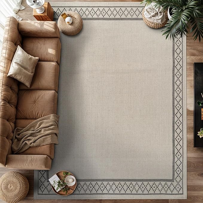 Easy Jute Rugs 4x6 Frame Bone Color Living Room Indoor Outdoor Area Rug for Patio and Kitchen Rug High Traffic Washable Easy to Clean Solid Boho Woven Design Carpet (4 x 6)