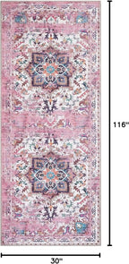 GLN Rugs Traditional Collection - Machine Washable Area Rug, Traditional Washable, Non Slip, Low Pile Chenille Rug, Living Room, Bedroom, Kitchen Rug (2'6" x 10' Pink/Multicolor)