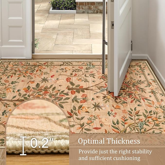 Morebes Boho Floral Runner Rug Non Slip, Washable Flower Long Bathroom Rugs Runner 2x6, Soft Botanical Flower Birds Indoor Throw Carpet for Entryway Hallway Bedroom Laundry Room, Brown