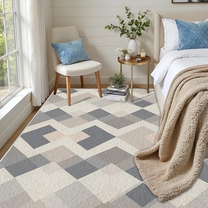 Modern Area Rug Living Room Rugs 4x5, Minimalist Soft Boho Geometric Rug, Non-Slip Washable Low Pile Non Shedding Carpet for Bedroom Office Dining Room Kitchen Nursery, Gray Beige White