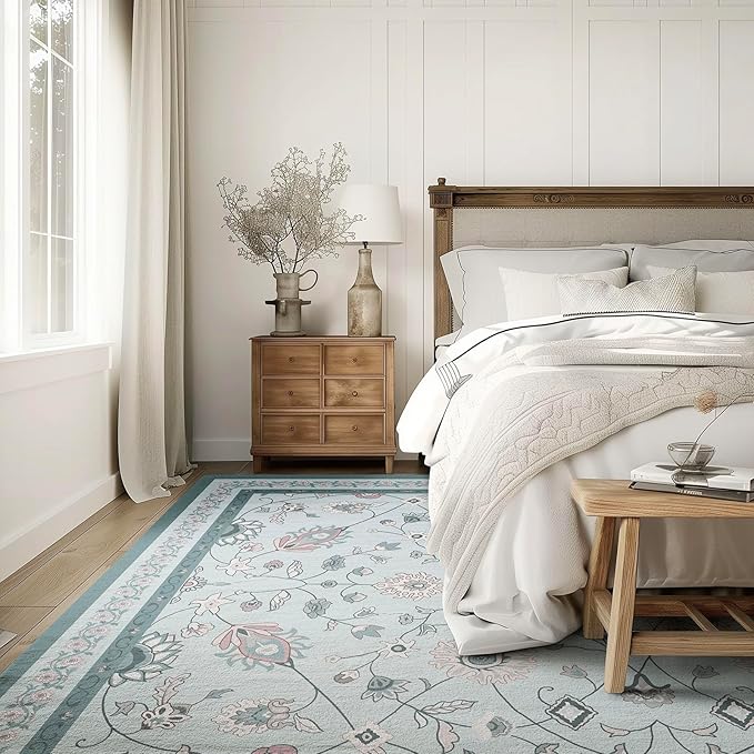 EVERGRACE Area Rugs for Living Room 9x12, Boho Floral Faux Wool Indoor Outdoor Rugs, Washable Rugs for Bedroom Dining Room Entryway Kitchen, Low Pile Floor Mat Carpet for Home Decor, Pale Blue