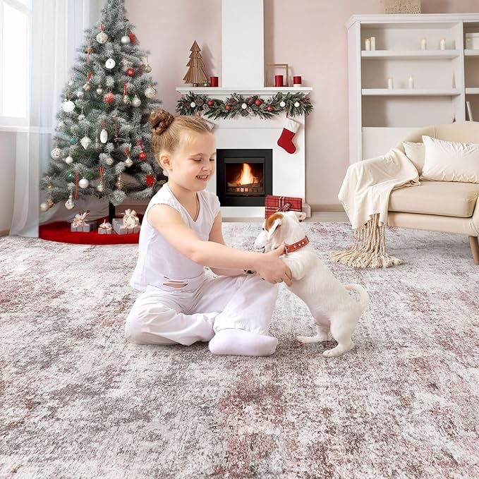 8x10 Area Rug Living Room Rugs - Washable Neutral Modern Abstract Soft Thin Large Rug Indoor Floor No Slip Rug Carpet for Bedroom Under Dining Table Home Office Decor - Pink
