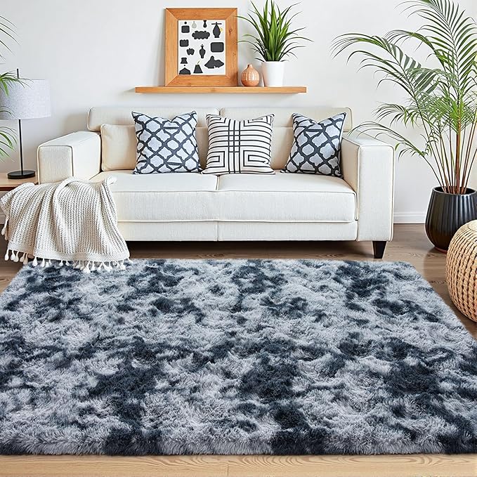 Beglad Shag Rugs for Living Room, Area Rugs 5x7 Feet Upgrade Anti-Skid Modern Minimalist Style Memory Foam Rugs for Bedroom, Indoor Carpet Suitable for Boys Room Decor, Tie-Dyed Dark Blue