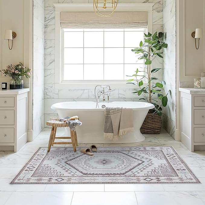 Fame Living Washable Area Rug. Modern Farmhouse. Vintage. Turkish. Bohemian. Distressed. Oriental. Traditional. Rugs for Living Room. Dining. Bedroom. Office. Entryway. Foyer. (856BrC, 7'5" x 9'8")