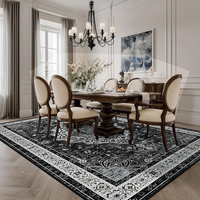 Black 4x6 Rug for Bedroom, Non Slip Washable Area Rugs for Living Room, Distressed Indoor Retro Accent Vintage Carpet for Kitchen, Office, Dining Room, Farmhouse, Kids Room