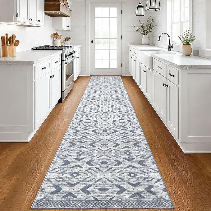 KILOCOCO Hallway Runner Rug 2.6'x18' Washable Printed Moroccan Runner Rugs Non Slip Entryway Rugs Soft Indoor Long Floor Rug for Bedroom Kitchen Living Room Geometric Boho Carpet Runners, Grey White