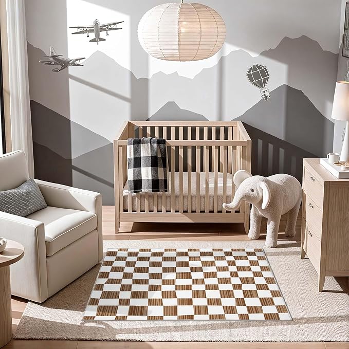 jinchan 3x5 Brown Checkered Area Rugs for Kids Room - Machine Washable Rug Modern Neutral Geometric Lattice Soft Non-Slip Carpet for Nursery Playroom Bedroom Entryway Living Room Home Office