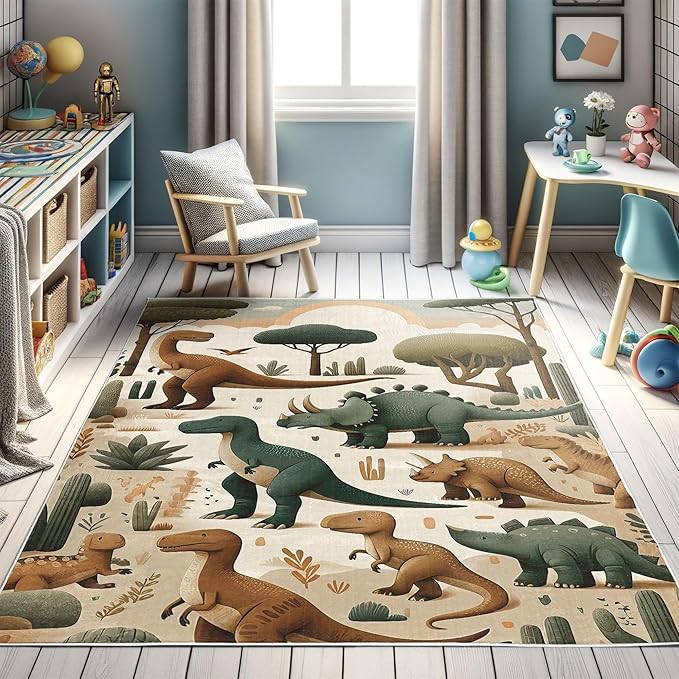 Ambesonne Dinosaur Decorative Rug, Jurassic Scenario Cartoon Animals in Wilderness Cloudy Sunrise Back, Quality Carpet for Bedroom Dorm and Living Room, 2' 2" x 3' 7", Ginger Olive Green Salmon