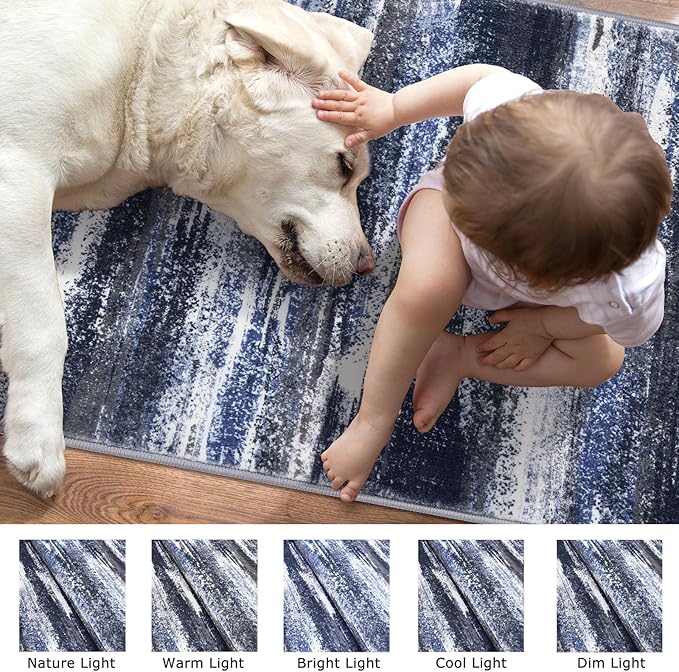 Modern Abstract Runner Rug 2x6, Navy Blue Washable Kitchen Runner Non-Slip Soft Hallway Rug Runner Thin Print Faux Wool Carpet for Entryway Bedroom Laundry Room Indoor Home Decor