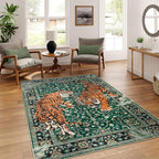 Moynesa Tiger 5x7 Area Rug, Boho Washable Living Room Rug, Non Slip Green Rugs for Bedroom, Ultra Thin Vintage Soft Stain Resistant Throw Floor Carpet for Office Dining Room