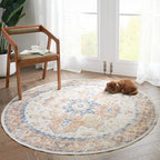 jinchan Kelda Round Rug 4ft Washable Area Rug Indoor Vintage Floor Cover Distressed Circle Mat 4' Round Lightweight Non Slip Low Pile Thin Carpet for Entryway Kitchen Living Room Bedroom Orange