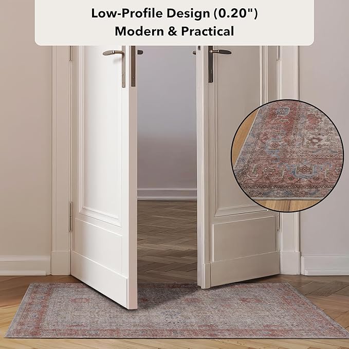 Kuden 2'6"x10 Runner Rug, Machine Washable Area Rug with Non-Slip Backing, Vintage Style, Soft, Easy Clean, Low Pile Rug for Hallway, Entryway, Kitchen, Bedroom