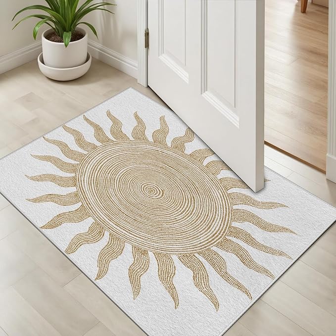 Boho Washable Rugs for Bedroom 5x6, Modern Sun Print Soft Minimalism Area Rug, Non Slip Low Pile Abstract Carpet for Classroom Living Room Decor Dining Room Sofa Kids Nursery Room, Beige Yellow