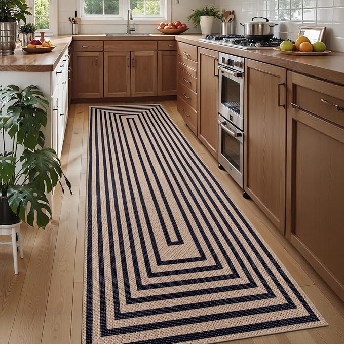 Tangsoo Easy Jute Rug 2.6x8 Washable Runner Rug for Hallways,Non-Slip Black Geometric Thin Indoor Outdoor Rug,Modern Farmhouse Carpet Runner for Kitchen Laundry Bedroom Entryway Porch
