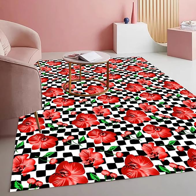 Black and White Checkerboard Pattern with Red Floral Pattern Area Rug for Living Room Bedroom Dining Room Office Guest Room Nursery Room Rustic Low Pile Thin Washable Indoor Mat 8x12