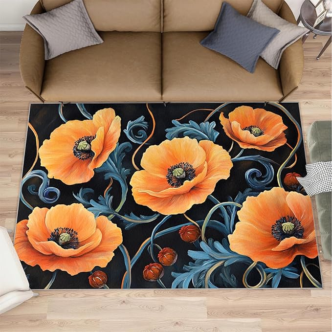 4x5 Poppy Indoor Outdoor Rug - Retro Florals Art Bedside Rug, Rustic Flowers Art Washable Entry Way Rugs Kids Carpet for Inside House Playroom Living Room End Table Nursery