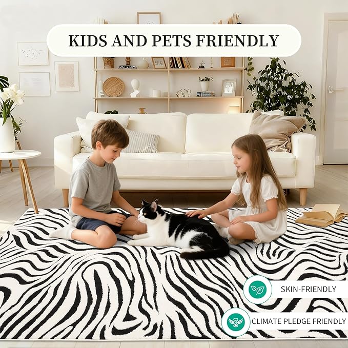 YIHOUSE 9×12 Ft Area Rugs for Living Room: Modern Washable Rug - Abstract Black and Cream White Rug for Bedroom Dining Room Office Playroom Nursery Home Decor - Nonslip Non-Shedding Striped Rugs