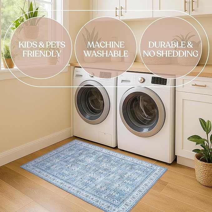 Fame Living Washable Area Rug. Modern Farmhouse. Vintage. Turkish. Bohemian. Distressed. Oriental. Traditional. Rugs for Living Room. Dining. Bedroom. Office. Entryway. Foyer. (866CBl, 7'5" x 9'8")