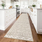 KUTA Boho Runners for Hallways 2.6x14 ft Moroccan Beige Washable Long Hall Carpet Non-Slip Vintage Soft Distressed Geometric Kitchen Runner Rug for Bedroom Laundry Living Room