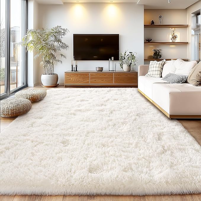 Cream White Plush Rug for Living Room Fuzzy Carpet for Bedroom Dorm, Non-Slip High Pile Rug, Shag Rug for Playroom Nursery Home Office Decor 10x14Ft
