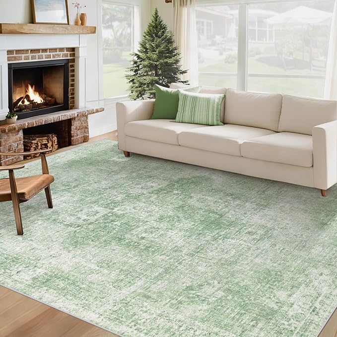 Area Rug 6x9 Washable Rug, Vintage Boho Medallion Rugs Non-Slip Soft Low Pile Large Distressed Rug Indoor Retro Carpet for Living Room Bedroom Dining Room Home Office (Sage Green, 6'x9')