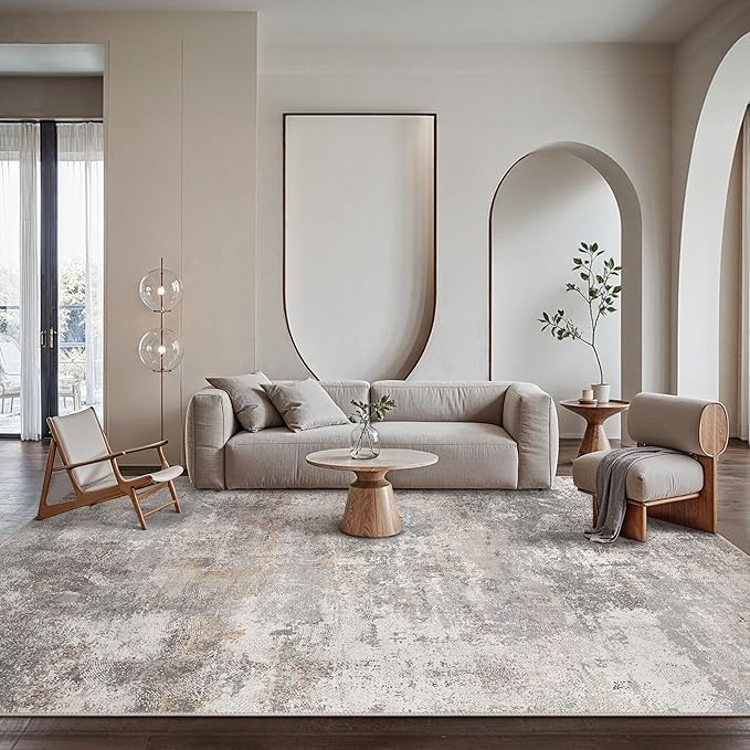 GENIMO Washable 6x9 Area Rugs for Living Room, Non Slip Modern Abstract Rug, Machine Washable Stain Resistant Low Pile Soft Carpet for Bedroom, Dining, Office, Light Grey Brown