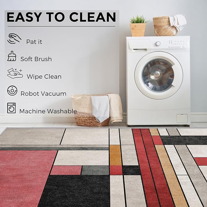 3x5 Abstract Geometric Rugs for Bedroom Decor, Washable Black White Red Geometry Pattern Area Rug, Living Room Home Decoration, Non Slip Soft Thin, Minimalist Modern Decor Carpet PF-P 49