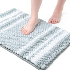 PiccoCasa Chenille Bathroom Rug, Soft Fluffy Absorbent Bath Mat, Medium Pile Striped Carpet Washable Non Slip Bathroom Floor Mats(17"x24",Light Blue & White)