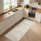 Runner Rug Kitchen Washable Rugs: 3x10 Non-Slip Boho Soft Vintage Stain Resistant Indoor Floor Neutral Farmhouse Throw Carpet for Hallway Bathroom Laundry Room Entryway Bedroom- Cream