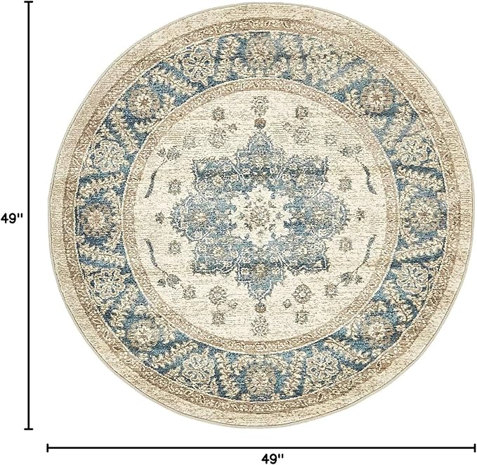 Unique Loom Salzburg Collection Classic Traditional Design Oriental Inspired Border Area Rug (4' 0 x 4' 0 Round, Beige/Blue)