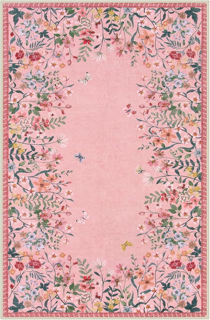 Wonnitar Washable Rug 6x9, Pink Botanical Area Rug for Girls Bedroom, Non-Slip Soft Nursery Kids Room Floral Rug Thin Throw Carpet for Dorm Living Room Decor (Pink,6'x9')
