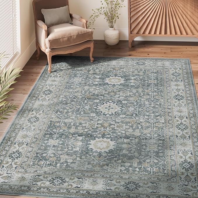 jinchan Area Rug 8x10 Washable Living Room Rug Vintage Distressed Gray Multi Floral Floor Cover Indoor Mat Retro Carpet Bedroom Kitchen Office Farmhouse Grey
