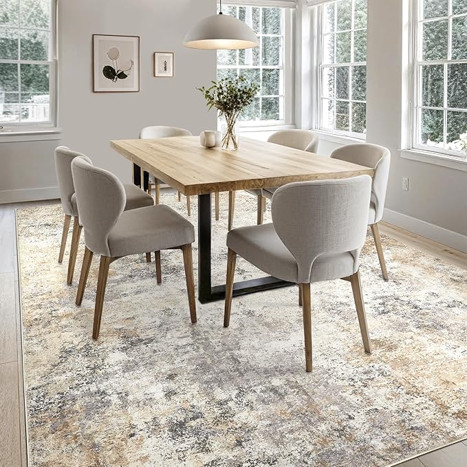 7x10 Area Rug Living Room Rugs - Washable Neutral Modern Abstract Soft Thin Large Rug Indoor Floor No Slip Rug Carpet for Bedroom Under Dining Table Home Office Decor - Golden Grey