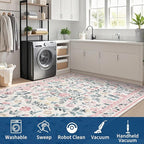 GarveeHome Washable Rug 6 x 9, Low Pile Farmhouse Floral Rug, Non-Shedding Indoor Foldable Printed Carpet Non-Slip Soft Vintage Throw for Bedroom Dining Room Kitchen, Pink
