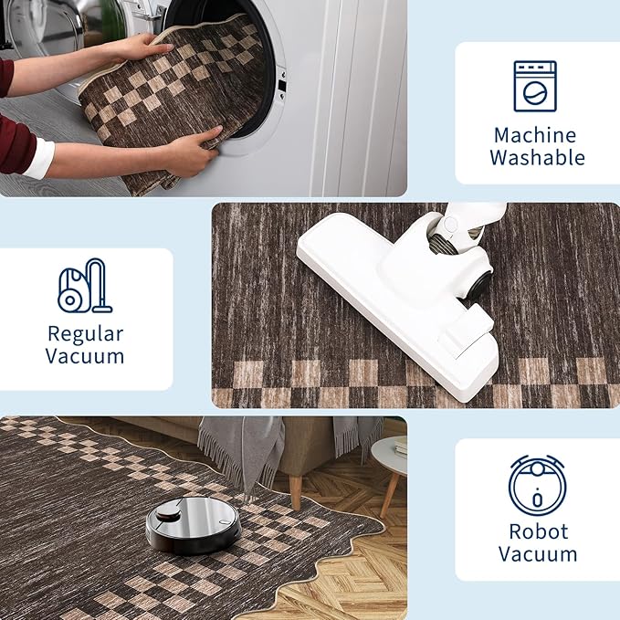 GarveeHome Area Rug 6x9 Large Living Room Modern Border Throw Rug with Rubber Backing Stain Resistant Dining Room Throw Carpet Washable Scalloped Rug for Bedroom Home Decor Office, Brown