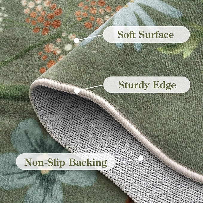 Lahome Floral Washable Round Area Rug, Round Rug 5ft Soft Non-Slip, Non-Shedding Boho Circle Carpet for Bedroom Living Room Bathroom Nursery Kitchen, Green