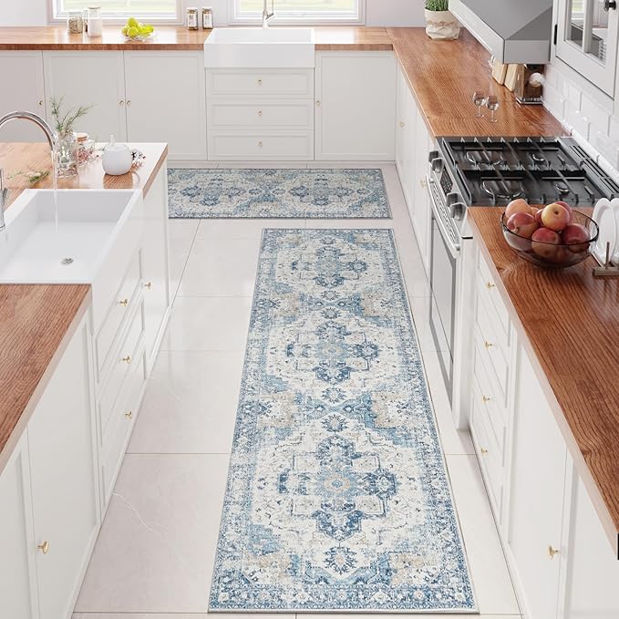 jinchan Kelda Runner Rug 2x10-2pcs Hallway Rug Washable Runner Vintage Mat Retro Lightweight Non-Slip Floor Cover Distressed Thin Carpet for Entryway Bathroom Bedroom Laundry Room Stairway Blue