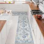 jinchan Kelda Runner Rug 3x8-2pcs Vintage Hallway Rug Kitchen Washable Runner Retro Floor Cover Lightweight Non-Slip Thin Distressed Carpet for Entryway Bathroom Laundry Room Bedroom Stairway Blue