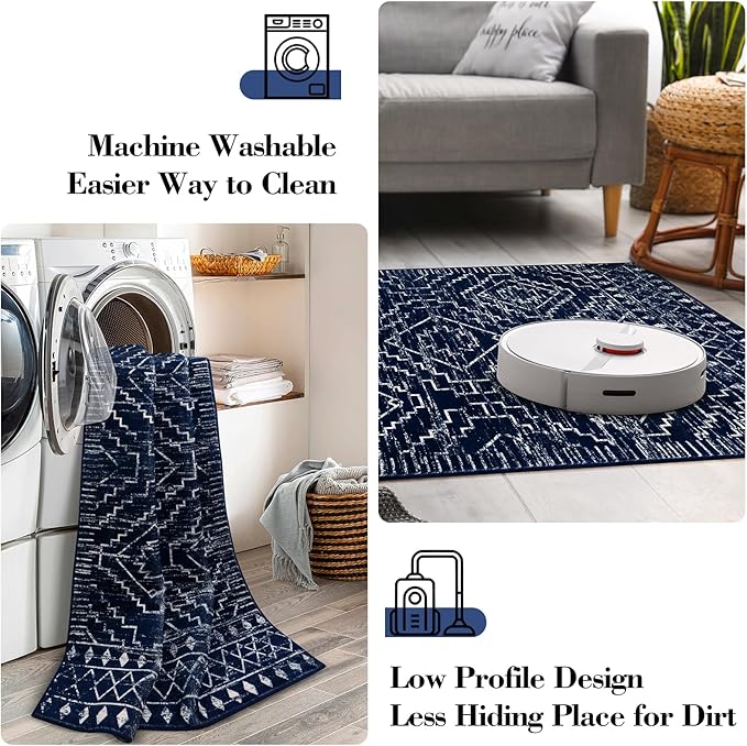 Wonnitar Moroccan Washable 6x9 Rug, Blue Large Living Room Area Rug, Non-Slip Boho Soft Rug for Bedroom, Non-Shedding Ultra-Thin Geometric Carpet for Dining Room Kitchen Basement (Blue,6'x9')