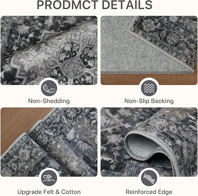 Area Rug 2x3 Doormat, Machine Washable Low Pile Rugs, Small Retro Entryway Mat for Entrance, Hallway, Kitchen and Corridor, Dark Gray