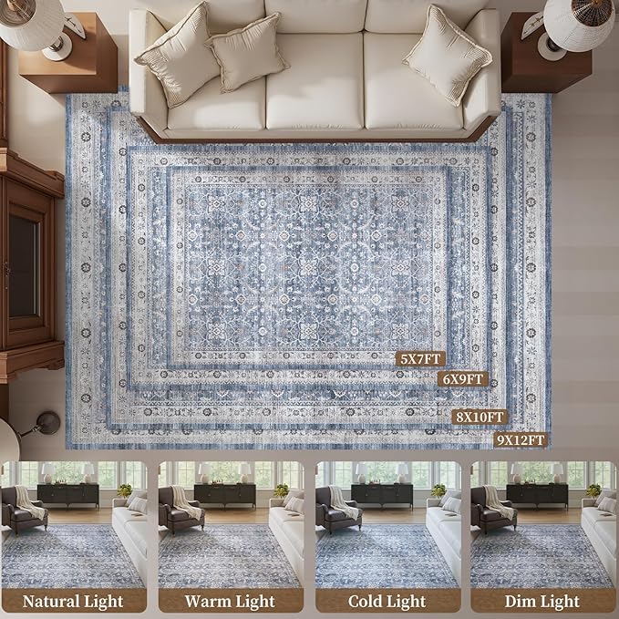 MontVoo-Vintage Area Rug 5X7 Blue Rugs for Living Room-Soft Distressed Printed Rugs for Bedroom-Non Slip Carpet-Machine Washable Rug for Dining Room Living Room Bedside Office