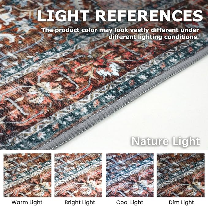 KOZYFLY Boho Area Rug 8x10 Ft Thin Rugs for Living Room Washable Bedroom Rug Non Slip Rugs Printed Faux Wool Vintage Bedroom Rug Floor Carpet for Dining Room Living Room, Brick Red/Orange/Green