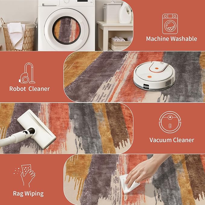 Ciicool 2x6 Washable Runner Rug, Modern Abstract Hallway Rug Runner, Non-Slip Thin Accent Rugs Lightweight Red Yellow Brown Print Distressed Carpet Runners for Laundry Entryway Bedroom Kitchen Indoor