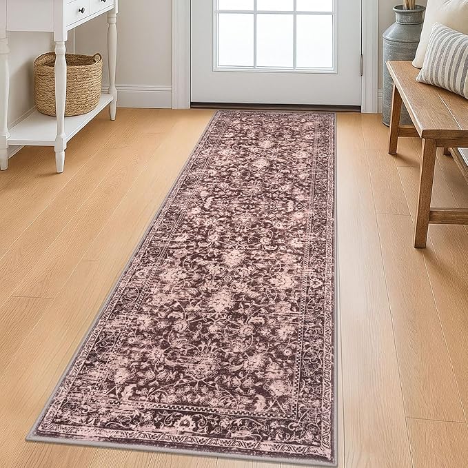 KILOCOCO Hallway Runner 2x6 Rug Runner Printed Vintage Floral Washable Kitchen Runners Non-Slip Rubber Backed Runners for Hallways Laundry Room Distressed Boho Rugs for Entryway Bedroom, Red