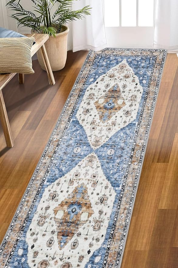 COMSLE Boho Runner Rug, 2' x 8' Washable Area Rugs for Hallway Faux Wool Small Kitchen Distressed Throw Rug Non-Slip Laundry Room Carpet Runner for Entryway Indoor Door Mat Bedroom