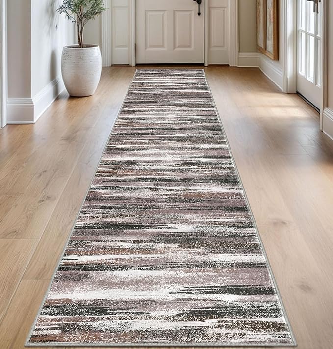 Modern Abstract Runner Rug 2.6x14, Dark Light Brown White Washable Long Kitchen Runner Non-Slip Soft Hallway Rug Runner Thin Print Faux Wool Carpet for Entryway Bedroom Laundry Room Indoor