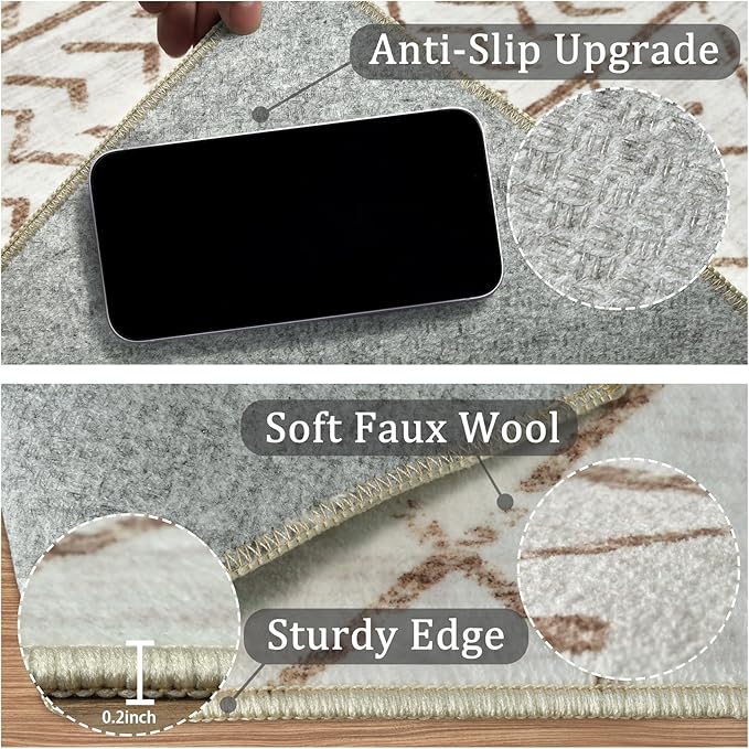 5x7 Machine Washable Area Rug for Living Room, Brown White Vintage Moroccan Rug Large Non-Slip Low Pile Soft Faux Wool Carpet, Kids and Pets Friendly for Bedroom Dining Room Farmhouse Home Decor Rug